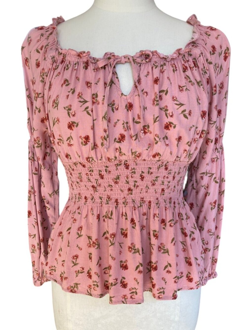 Crave Fame Pink Floral Smocked Babydoll Top Peplum Ruffle Milkmaid Coquette-L